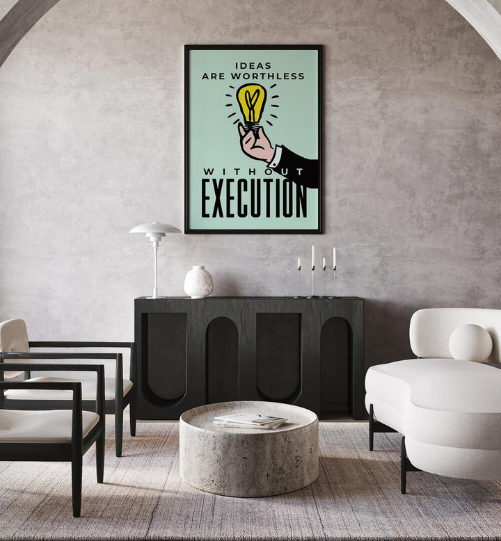 Execution Money Art Artwork in plain black frame hainging on wall above console table