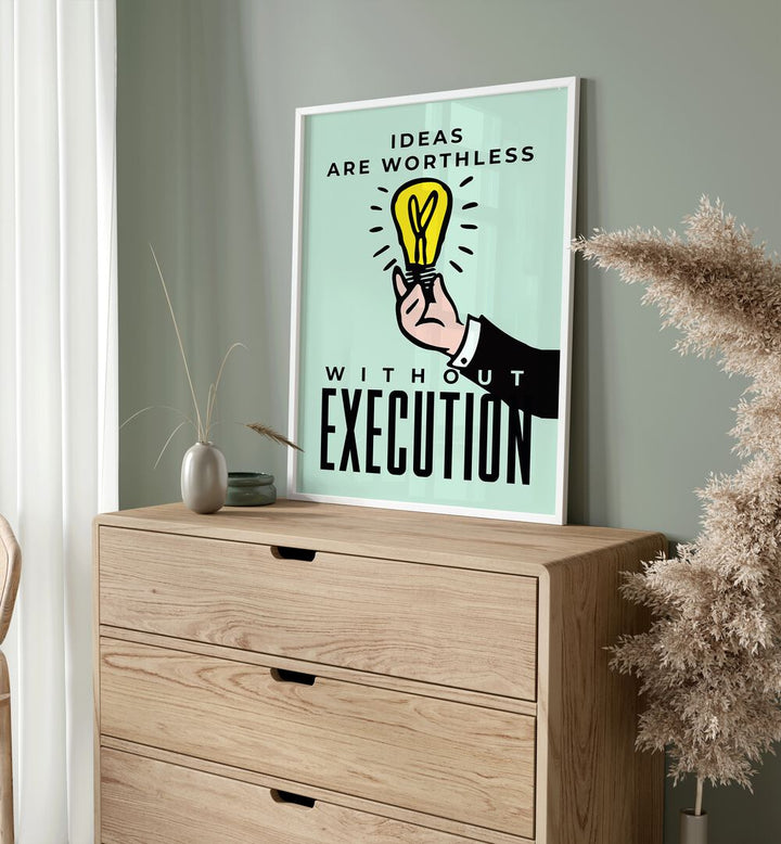 Execution Money Art Artwork in plain white frame kept on console table near window