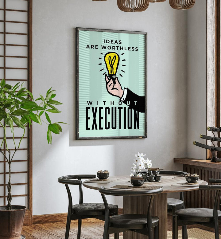 Execution Money Art Artwork in plain black frame hanging on wall near dining table