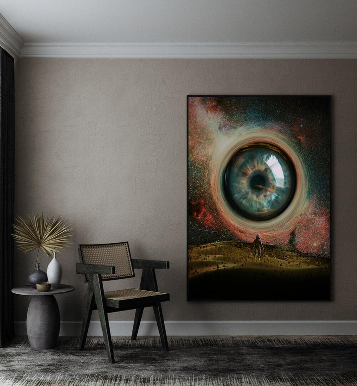 Eye By Francis Minoza Astronaut & Nasa Paintings, Space Art Prints Artwork in Black Plain Frame placed on a Beige Colored Wall in the Drawing Room
