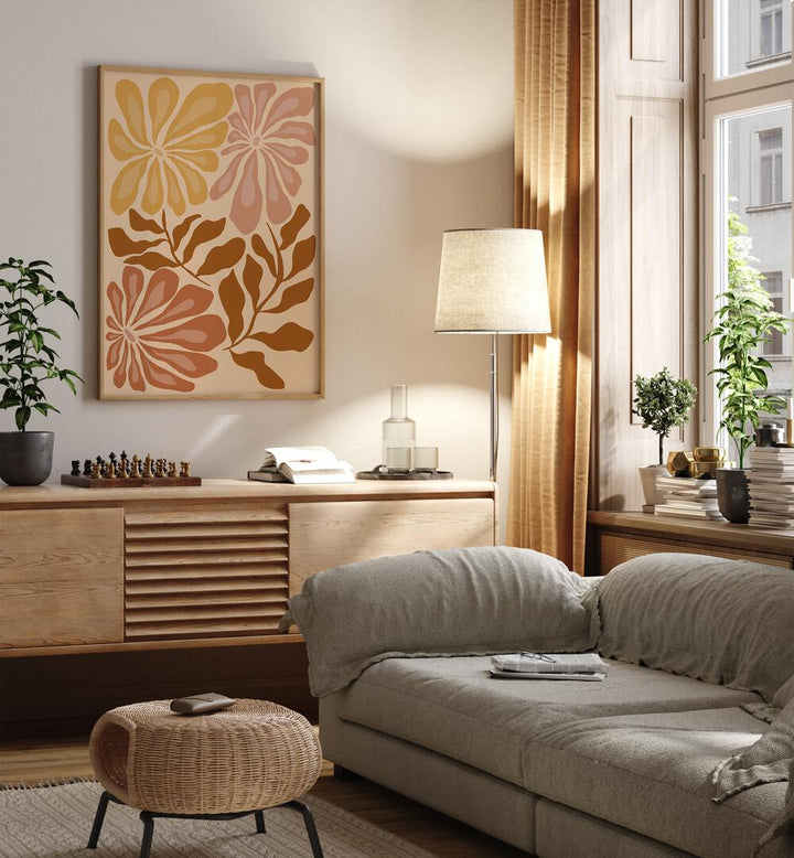 Earthy Elegance By Miho Art Studio Botanical Art Prints Floral Paintings in Oak Wood Plain Frame placed on a Cream Colored Wall above a Console Table near a Beige Sofa in the Living Room