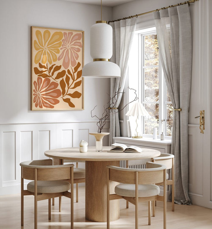 Earthy Elegance By Miho Art Studio Botanical Art Prints Floral Paintings in Oak Wood Plain Frame placed on a White Colored Wall near a Coffee Table in the Dining Room