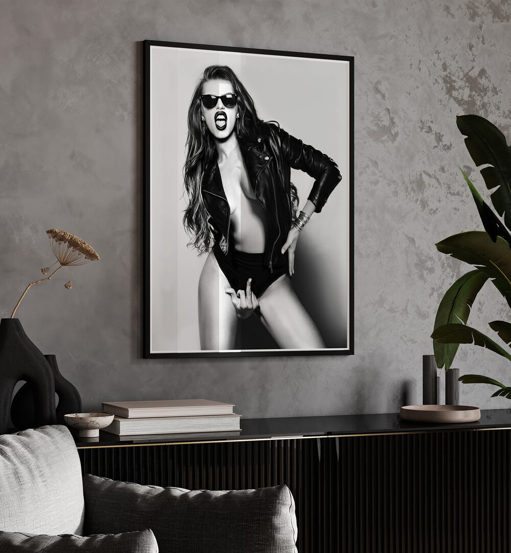 Eat This the Future is Female by David Drake Fine Art Photography Fashion Photography in Black Plain Frame placed on a wall behind a console table