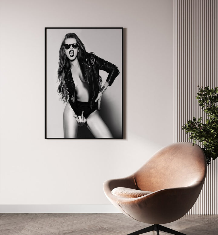 Eat This the Future is Female by David Drake Fine Art Photography Fashion Photography in Black Plain Frame placed on a wall behind a chair 