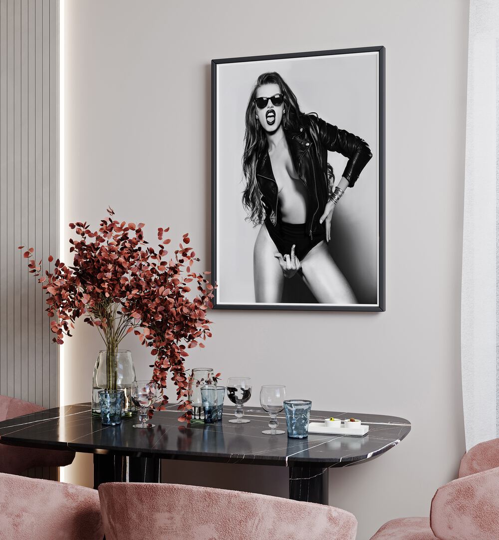 Eat This the Future is Female by David Drake Fine Art Photography Fashion Photography in Black Plain Frame placed on a wall behind a dining table for dining area