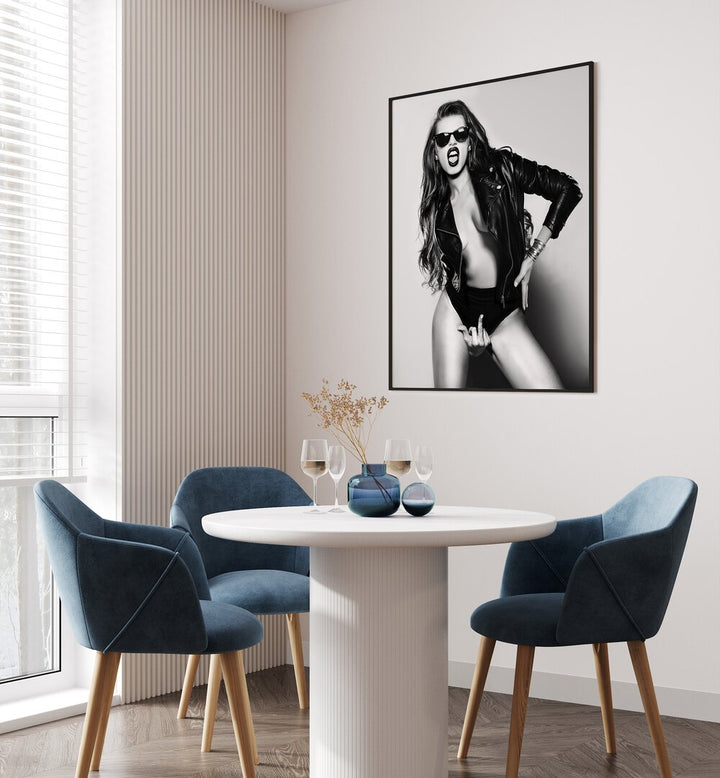 Eat This the Future is Female by David Drake Fine Art Photography Fashion Photography in Black Plain Frame placed on a wall behind a dining table and beside a window for dining area