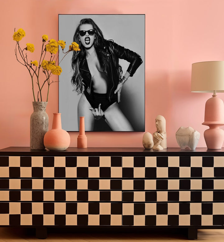 Eat This the Future is Female by David Drake Fine Art Photography Fashion Photography in Black Plain Frame placed on a wall behind a console table