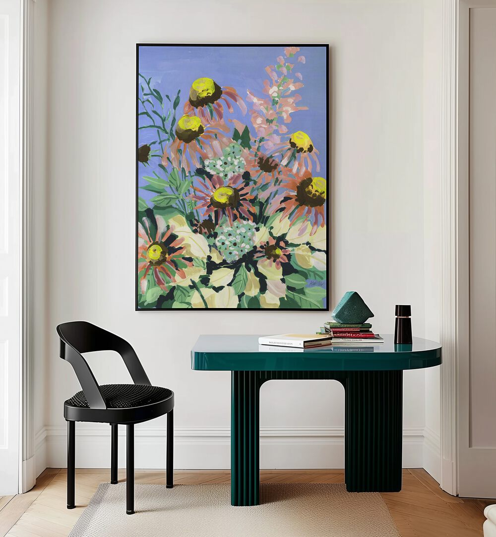 Echinacea Blue Sky By Ania Zwara Botanical Art Prints Floral Paintings in Black Plain Frame placed on a Cream Colored Wall near a Table in a Workspace in the Drawing Room