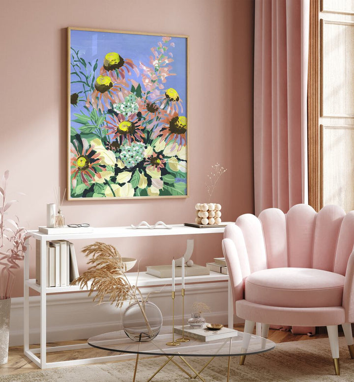 Echinacea Blue Sky By Ania Zwara Botanical Art Prints Floral Paintings in Oak Wood Plain Frame placed on a Pink Colored Wall above a Console Table in the Drawing Room