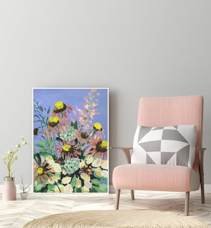 Echinacea Blue Sky By Ania Zwara Botanical Art Prints Floral Paintings in White Plain Frame placed on the floor near a Grey Colored Wall in the Drawing Room