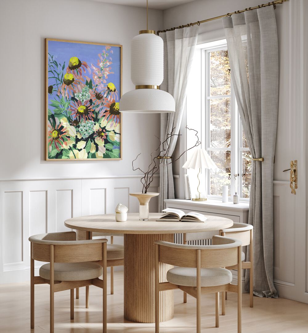 Echinacea Blue Sky By Ania Zwara Botanical Art Prints Floral Paintings in Oak Wood Plain Frame placed on a White Colored Wall near a Coffee Table in the Dining Room