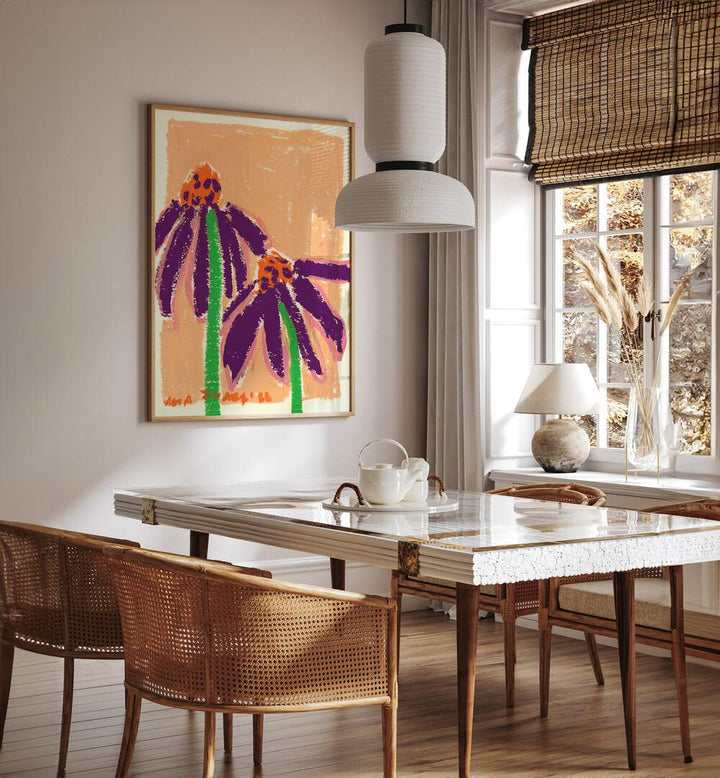 Echinacea By Ania Zwara Botanical Art Prints Floral Paintings in Oak Wood Plain Frame placed on a Cream Colored Wall near a Dining Table in the Dining Room