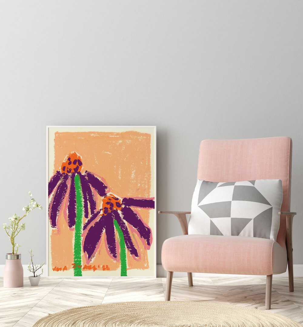 Echinacea By Ania Zwara Botanical Art Prints Floral Paintings in White Plain Frame placed on the floor near a Grey Colored Wall in the Drawing Room