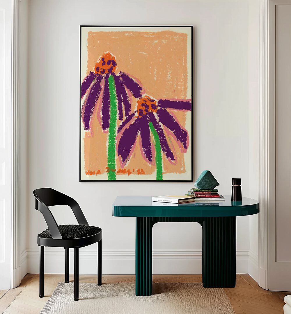 Echinacea By Ania Zwara Botanical Art Prints Floral Paintings in Black Plain Frame placed on a Cream Colored Wall near a Table in a Workspace in the Drawing Room