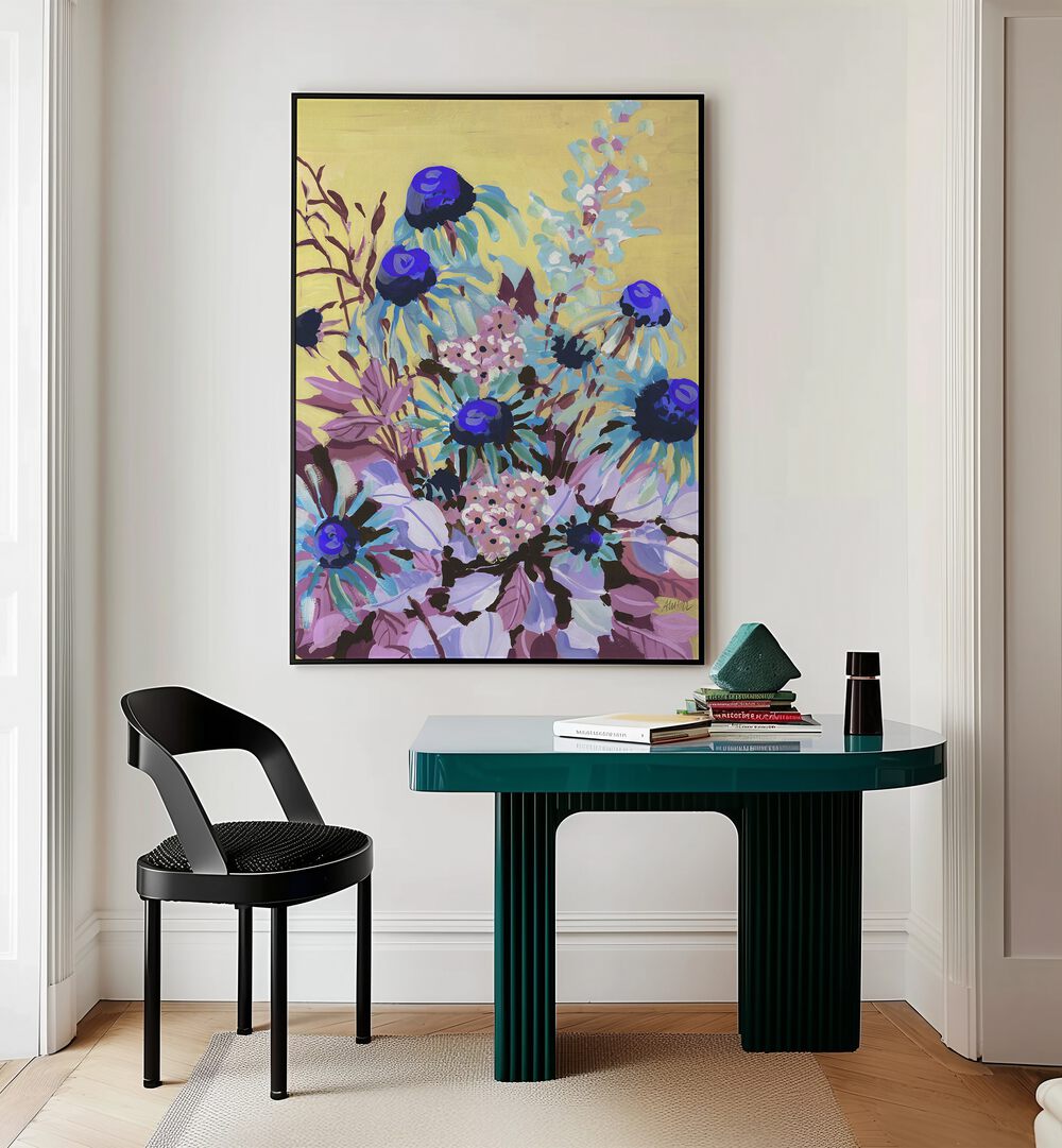 Echinacea Cobalt Blue By Ania Zwara Botanical Art Prints Floral Paintings in Black Plain Frame placed on a Cream Colored Wall near a Table in a Workspace in the Drawing Room