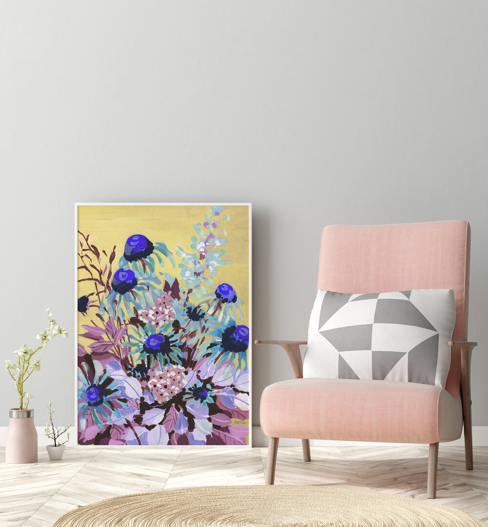 Echinacea Cobalt Blue By Ania Zwara Botanical Art Prints Floral Paintings in White Plain Frame placed on the floor near a Grey Colored Wall in the Drawing Room