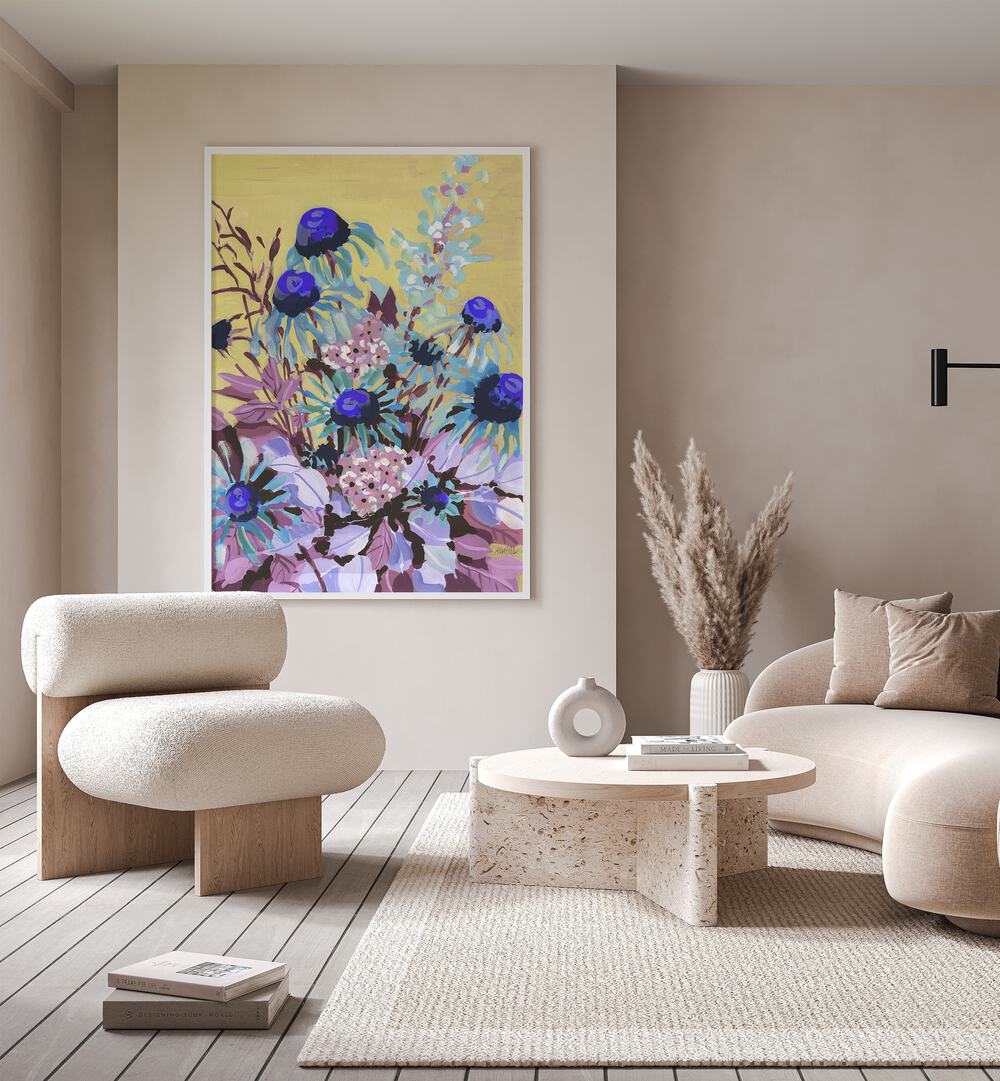 Echinacea Cobalt Blue By Ania Zwara Botanical Art Prints Floral Paintings in White Plain Frame placed on a Beige Colored Wall in the Living Room