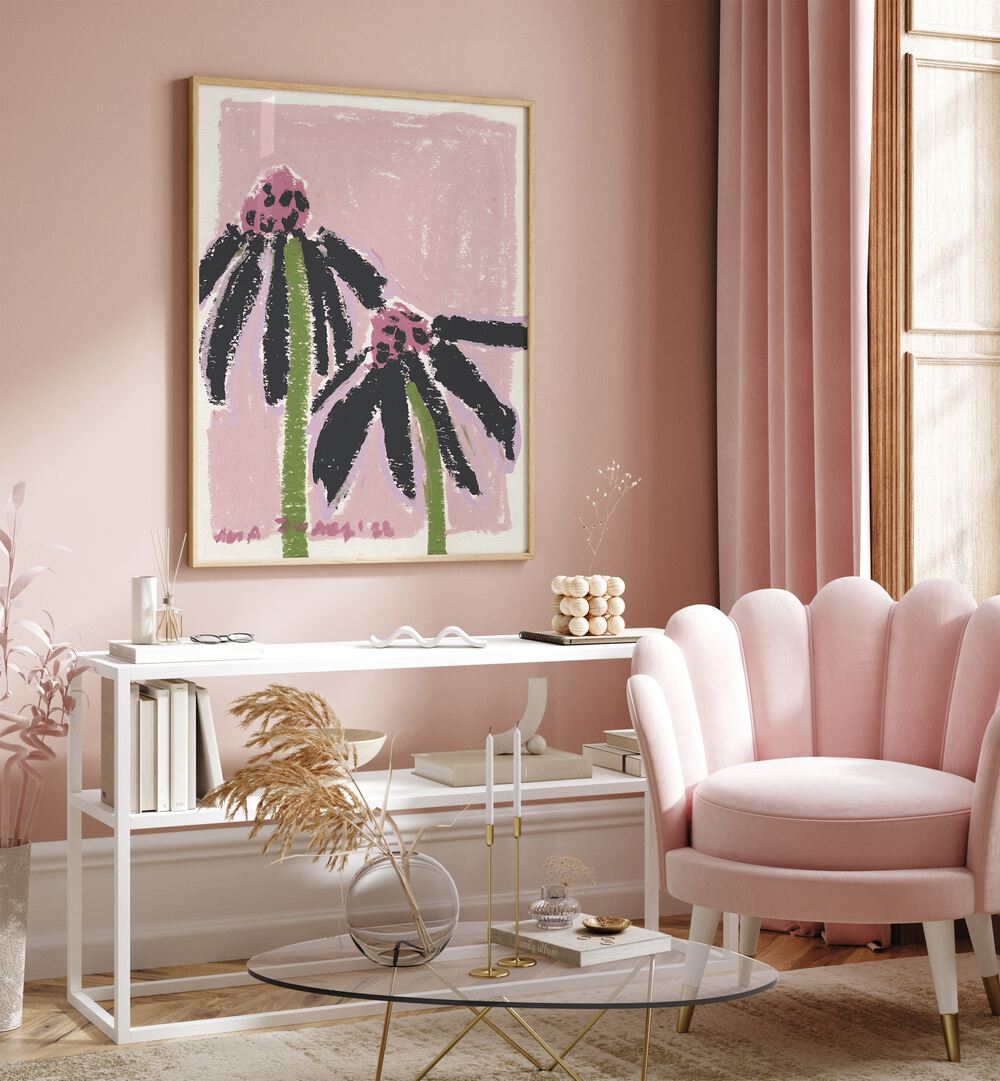 Echinacea Pale By Ania Zwara Botanical Art Prints Floral Paintings in Oak Wood Plain Frame placed on a Pink Colored Wall above a Console Table in the Drawing Room