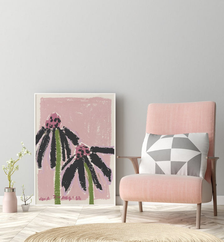 Echinacea Pale By Ania Zwara Botanical Art Prints Floral Paintings in White Plain Frame placed on the floor near a Grey Colored Wall in the Drawing Room