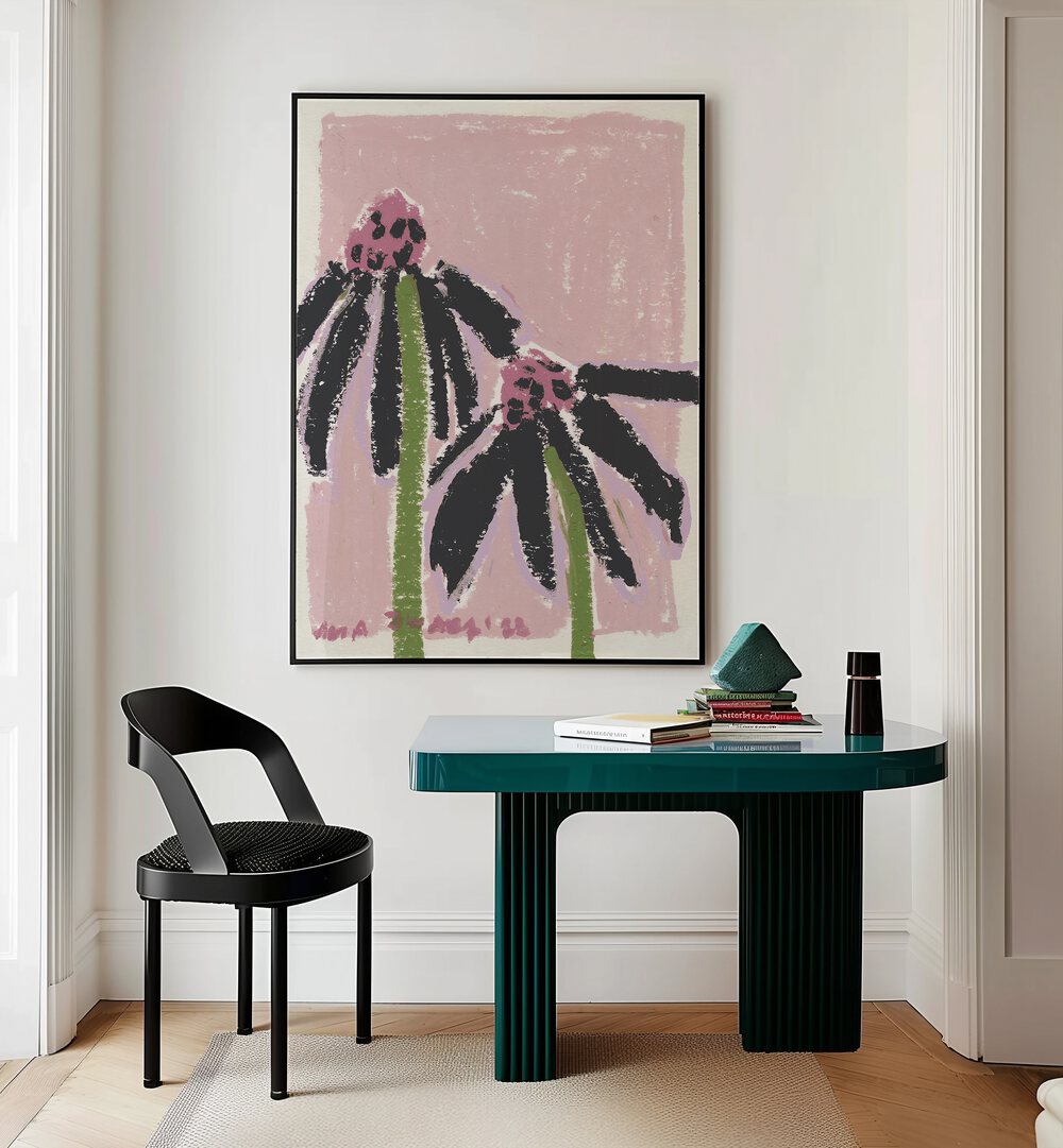 Echinacea Pale By Ania Zwara Botanical Art Prints Floral Paintings in Black Plain Frame placed on a Cream Colored Wall near a Table in a Workspace in the Drawing Room