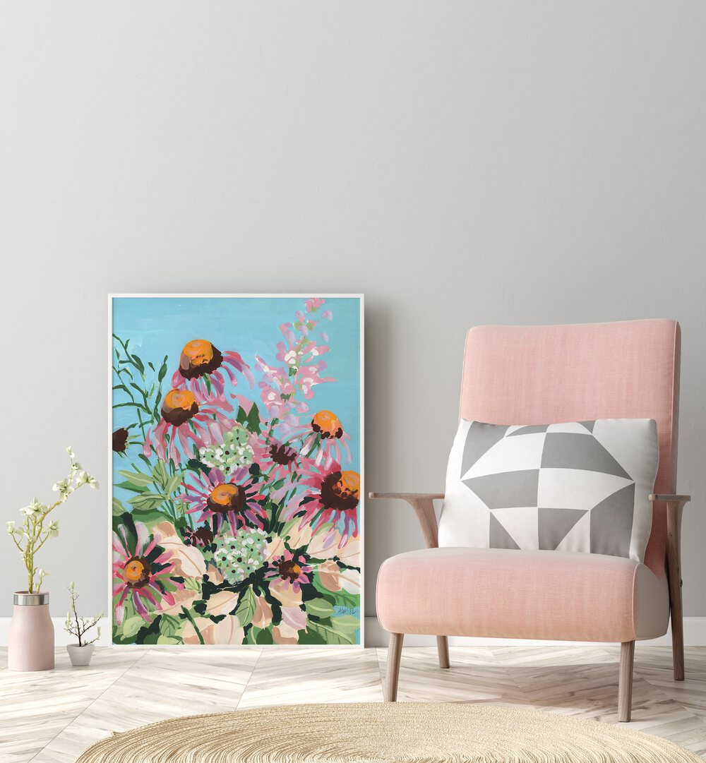 Echinacea Purpurea By Ania Zwara Botanical Art Prints Floral Paintings in White Plain Frame placed on the floor near a Grey Colored Wall in the Drawing Room