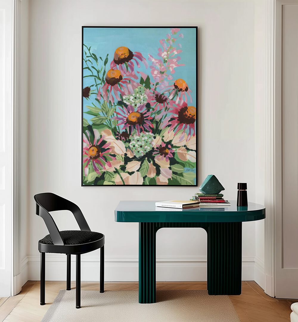 Echinacea Purpurea By Ania Zwara Botanical Art Prints Floral Paintings in Black Plain Frame placed on a Cream Colored Wall near a Table in a Workspace in the Drawing Room