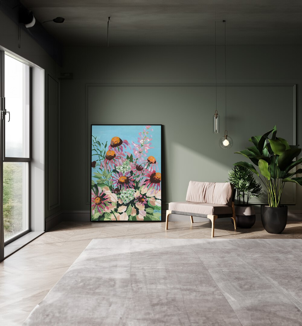 Echinacea Purpurea By Ania Zwara Botanical Art Prints Floral Paintings in Black Plain Frame placed on the floor near a Green Colored Wall in the Drawing Room