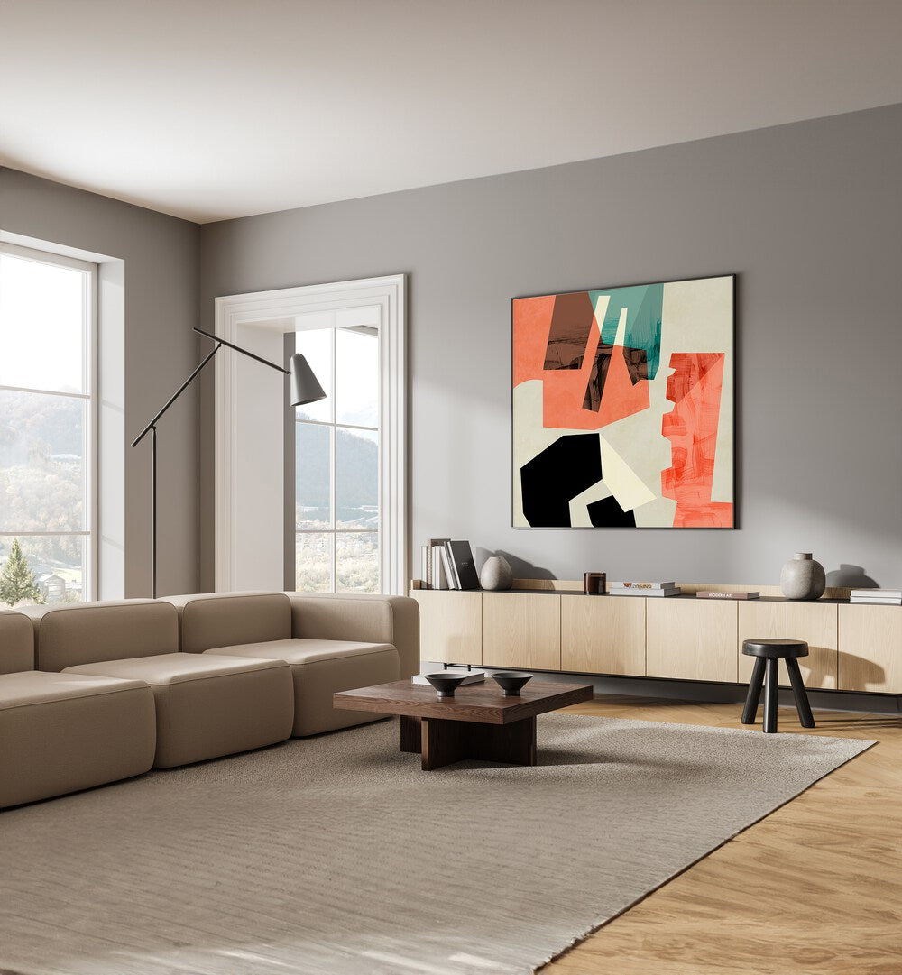 Ecken I By Ana Rut Bre Abstract Art Abstract Paintings in Black Plain Frame placed on a Grey Colored Wall above a Console Table near a Beige Sofa in the Living Room