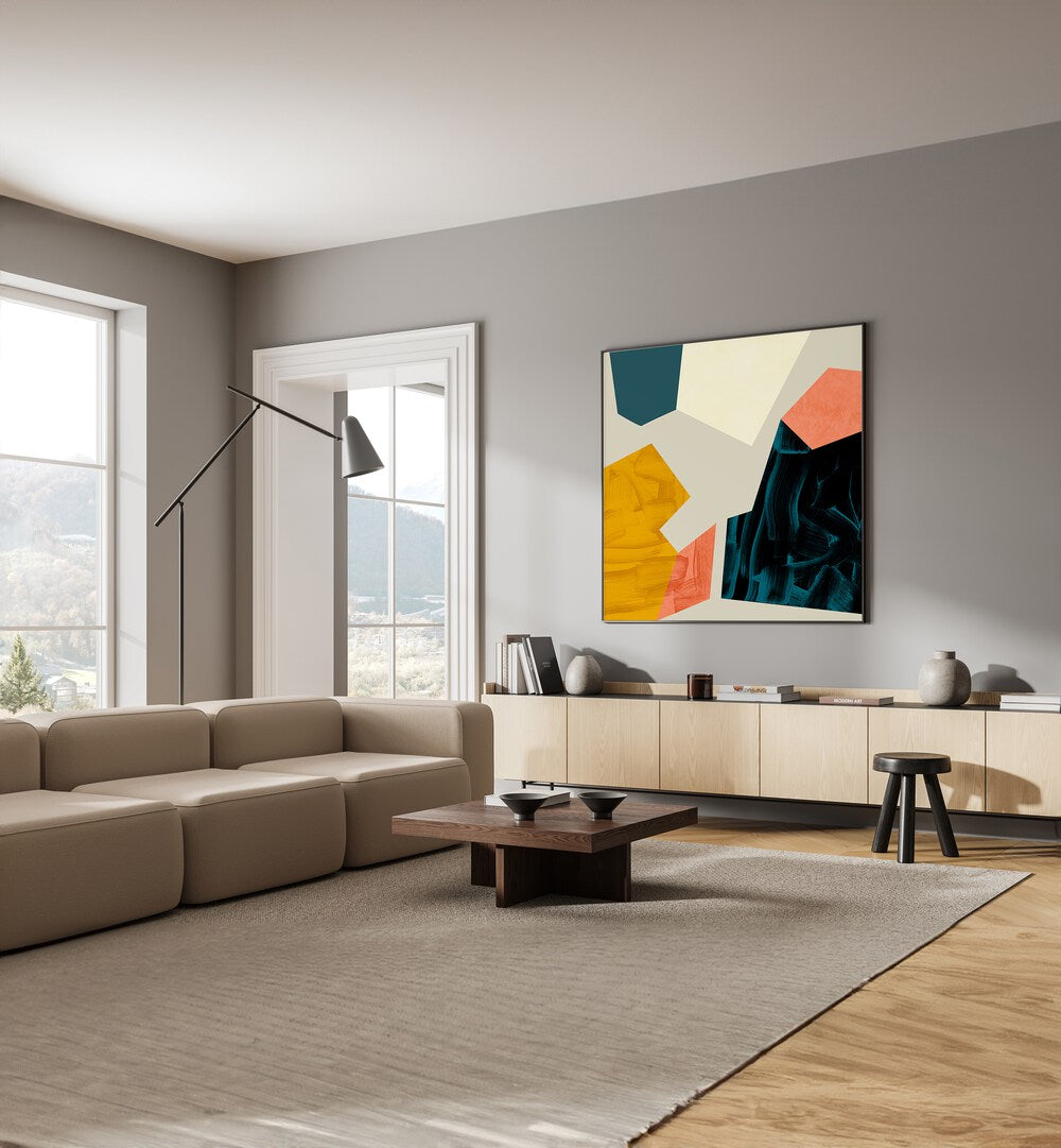 Ecken III By Ana Rut Bre Abstract Art Abstract Paintings in Black Plain Frame placed on a Grey Colored Wall above a Console Table near a Beige Sofa in the Living Room 