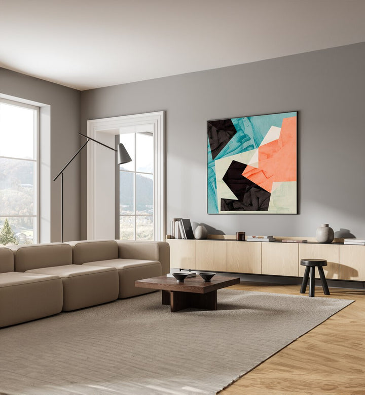 Ecken IV By Ana Rut Bre Abstract Art Abstract Paintings in Black Plain Frame  placed on a Grey Colored Wall above a Console Table near a Beige Sofa in the Living Room