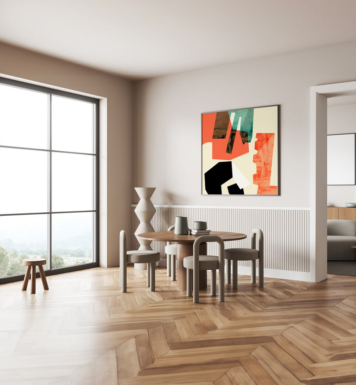 Ecken Kopie I By Ana Rut Bre Abstract Art Abstract Paintings in Black Plain Frame placed on a Cream Colored Wall near a Dining Table in the Dining Room