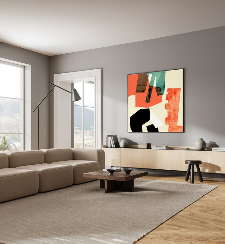 Ecken Kopie I By Ana Rut Bre Abstract Art Abstract Paintings in Black Plain Frame placed on a Grey Colored Wall above a Console Table near a Beige Sofa in the Living Room