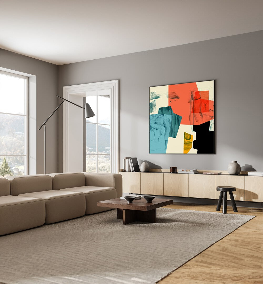 Ecken Kopie II By Ana Rut Bre Abstract Art Abstract Paintings in Black Plain Frame placed on a Grey Colored Wall above a Console Table near a Beige Sofa in the Living Room