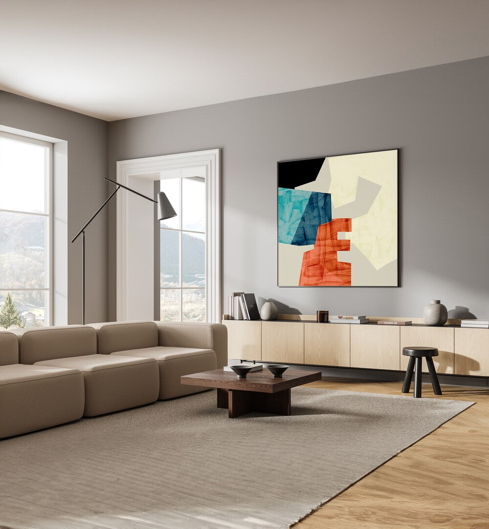 Ecken Kopie V By Ana Rut Bre Abstract Art Abstract Paintings in Black Plain Frame placed on a Grey Colored Wall above a Console Table near a Beige Sofa in the Living Room