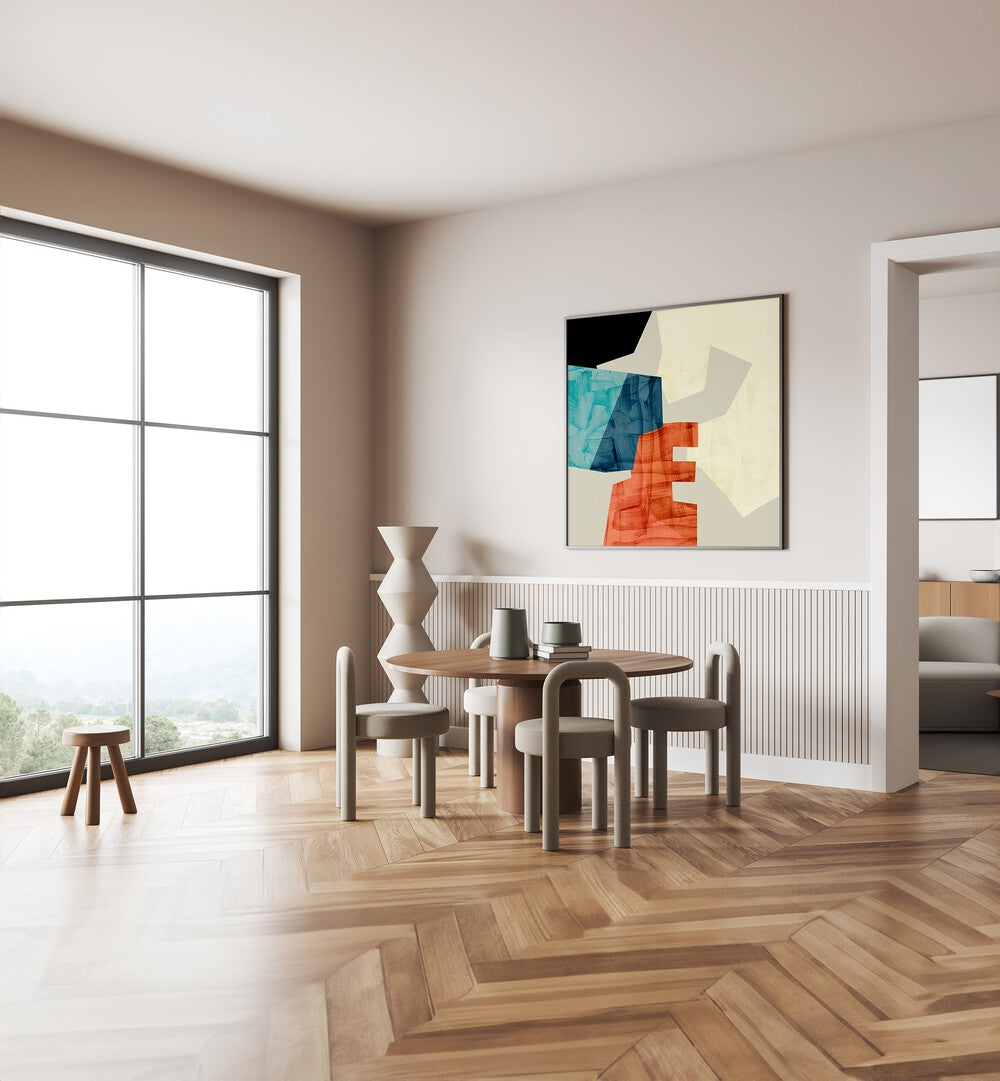 Ecken Kopie V By Ana Rut Bre Abstract Art Abstract Paintings in Black Plain Frame placed on a Cream Colored Wall near a Dining Table in the Dining Room