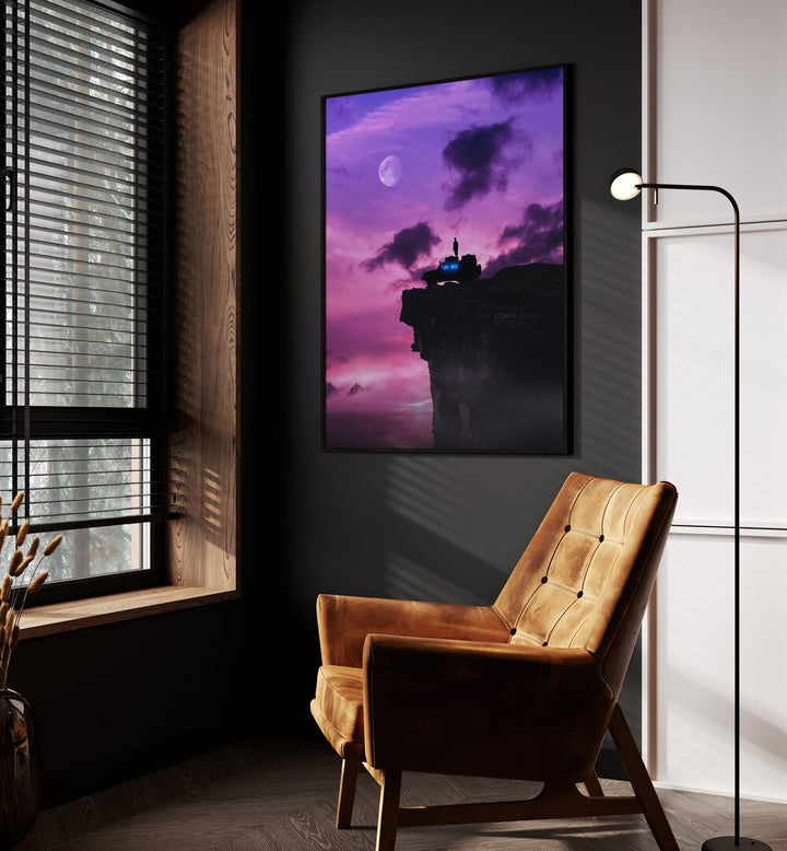 Edge Of The Earth By Ritvik Takkar Surrealism in Black Plain Frame placed on a Dark Grey Colored Wall in the Drawing Room