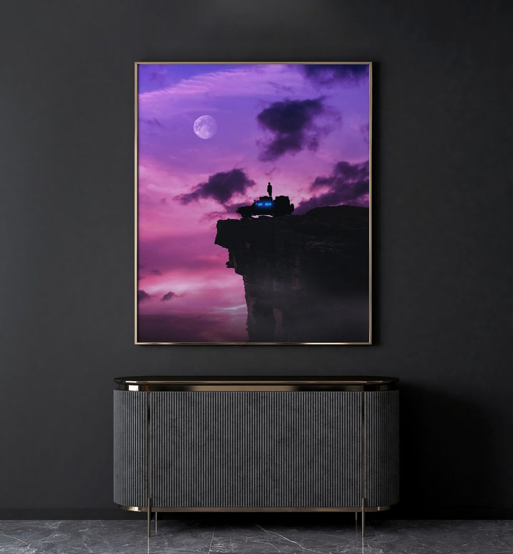 Edge Of The Earth By Ritvik Takkar Surrealism in Gold Plain Frame placed on a Dark Grey Colored Wall in the Drawing Room