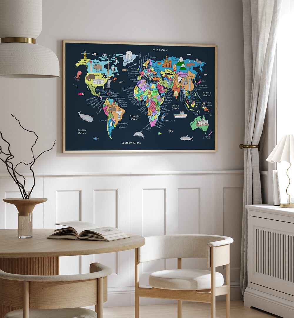 Educational Illustrated Map Of The World For Kids By Carla Daly Kids Room Art placed on a wall