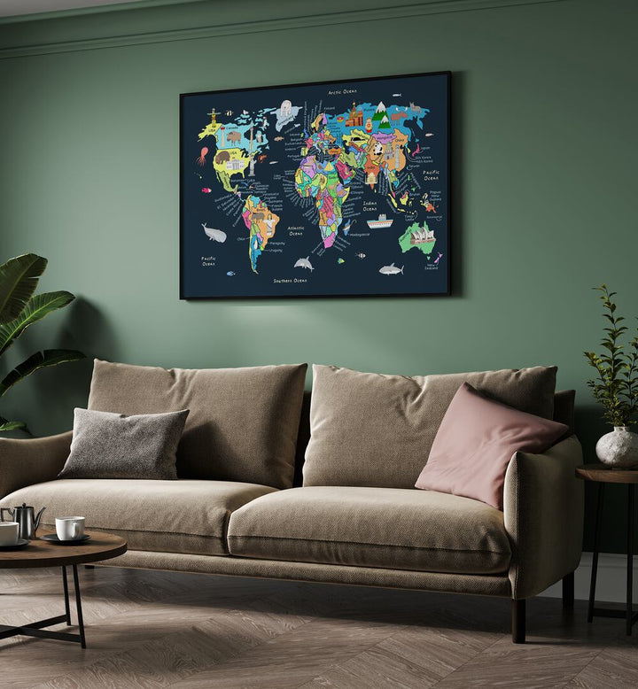 Educational Illustrated Map Of The World For Kids By Carla Daly Kids Room Art placed on a wall 