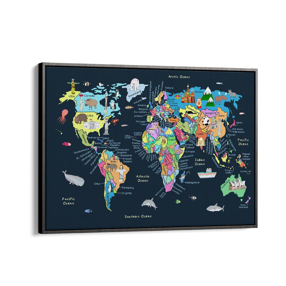 Educational Illustrated Map Of The World For Kids By Carla Daly Kids Room Art in Black Floater Frame