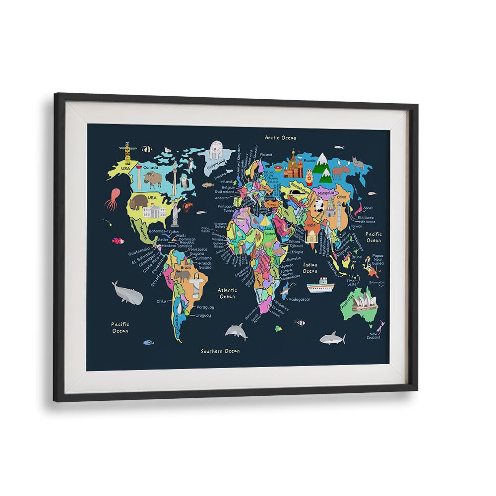 Educational Illustrated Map Of The World For Kids By Carla Daly Kids Room Art in Black Frame With Mount