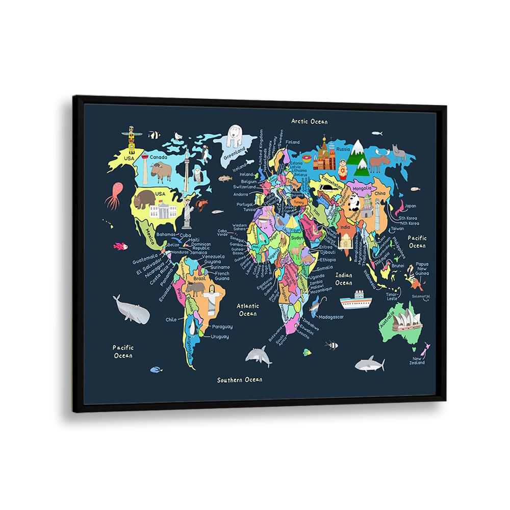 Educational Illustrated Map Of The World For Kids By Carla Daly Kids Room Art in Black Plain Frame