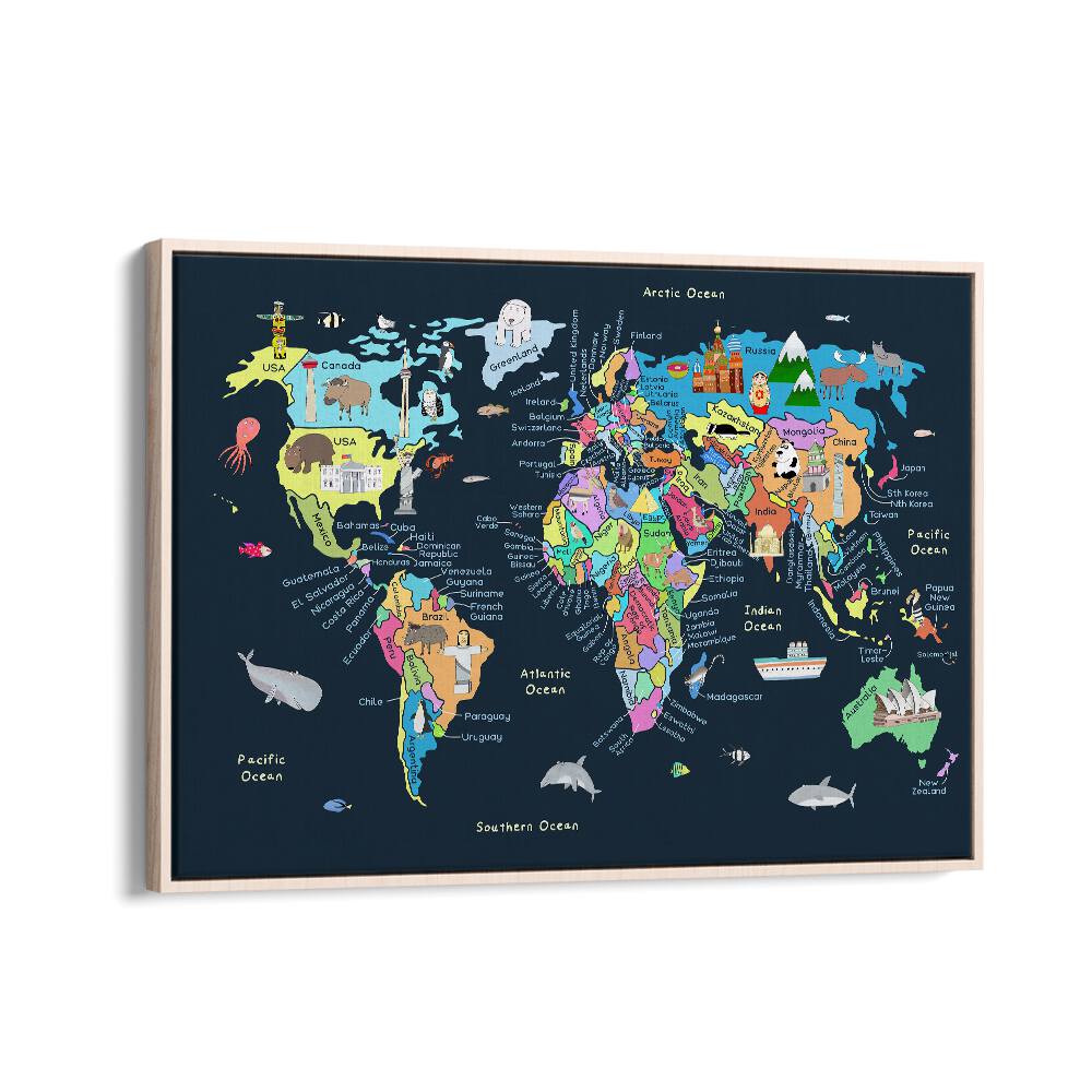 Educational Illustrated Map Of The World For Kids By Carla Daly Kids Room Art in Oak Wood Floater Frame