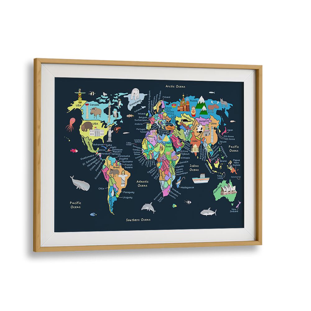 Educational Illustrated Map Of The World For Kids By Carla Daly Kids Room Art in Oak Wood Frame With Mount