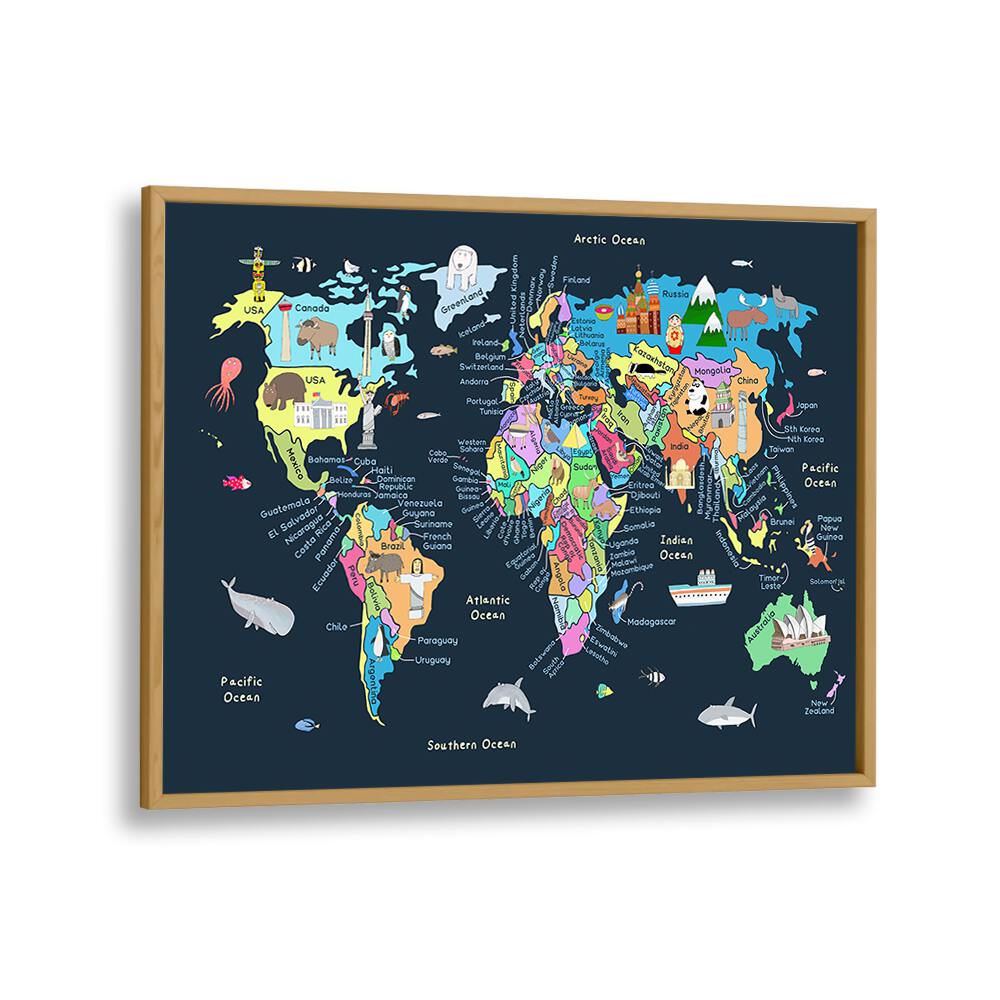 Educational Illustrated Map Of The World For Kids By Carla Daly Kids Room Art in Oak Wood Plain Frame