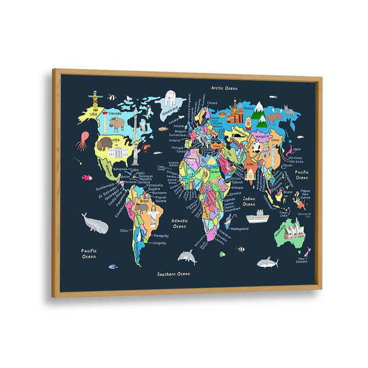 Educational Illustrated Map Of The World For Kids By Carla Daly Kids Room Art in Oak Wood Plain Frame