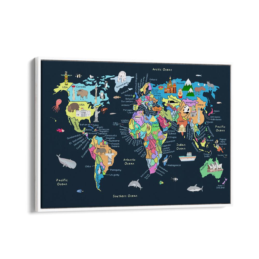 Educational Illustrated Map Of The World For Kids By Carla Daly Kids Room Art in White Floater Frame