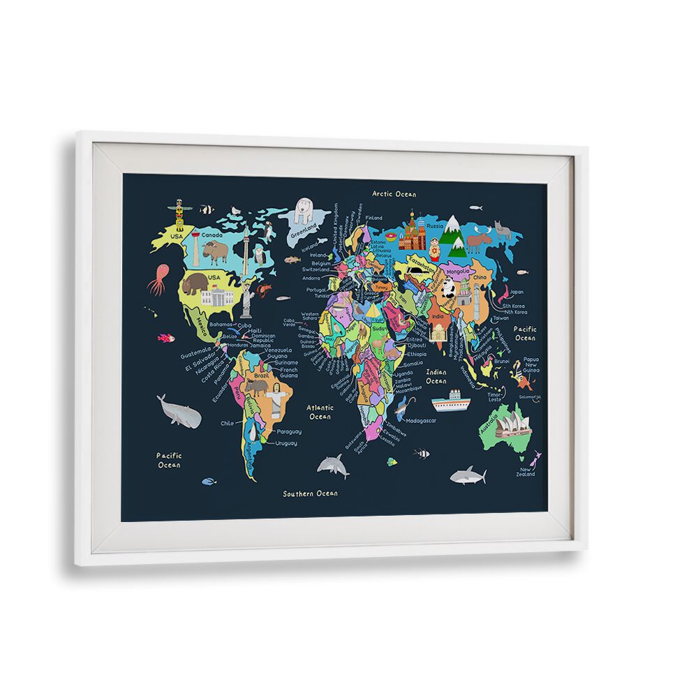 Educational Illustrated Map Of The World For Kids By Carla Daly Kids Room Art in White Frame With Mount