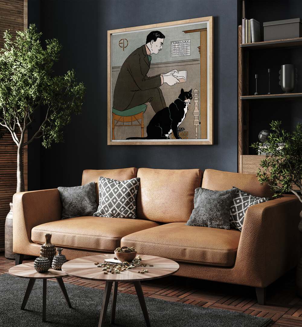 Edward Penfield Self-portrait 1898 Vintage Paintings in Oak Wood Plain Frame placed on a living room wall behind a sofa