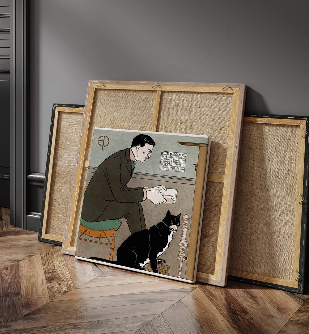 Edward Penfield Self-portrait 1898 Vintage Paintings in Gallery Wrap placed on a floor beside canvas and a door